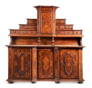 A SWISS WALNUT, BURR WALNUT AND FRUITWOOD BREAKFRONT SIDE CABINET