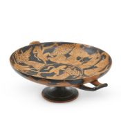 AN ITALIAN TERRACOTTA RED ON BLACK KYLIX IN THE ATTIC STYLE, MID 20TH CENTURY