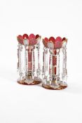 A PAIR OF BOHEMIAN RUBY AND OPAQUE WHITE OVERLAY GLASS LUSTRES