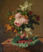 THOMAS ELLIS (BRITISH EXH. 1842-1856), STILL LIFE WITH ROSES AND RASPBERRIES