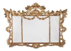 A LARGE CARVED GILTWOOD TRIPTYCH MIRROR, IN GEORGE III STYLE, MID 19TH CENTURY