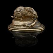 AUGUSTE CAIN (FRENCH, 1821-1894), A GILT BRONZE MODEL OF RABBIT EATING A CARROT