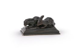 ANTOINE-LOUIS BARYE (FRENCH, 1795-1875), A BRONZE GROUP OF A PAIR OF RABBITS