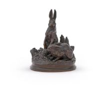 ALFRED DUBUCAND (FRENCH, 1828-1894), A BRONZE MODEL OF TWO HARES