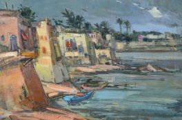 λ KHALED AL-JADIR (IRAQI 1924-1988), MIDDLE EASTERN COASTAL PORT, WITH BOATS IN THE DOCKS