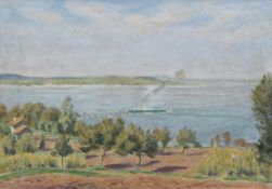 HANS STURZENEGGER (GERMAN 1875-1943), LANDSCAPE WITH STEAMBOAT, NEAR MANNENBACH