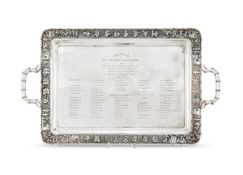 A CHINESE SILVER TWIN HANDLED TRAY