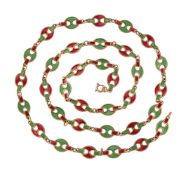 AN ITALIAN 1970S RED AND GREEN PLIQUE Á JOUR AND GOLD COLOURED LONG CHAIN