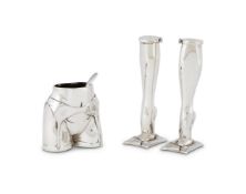 A SILVER THREE PIECE NOVELTY CRUET SET