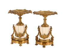 A PAIR OF FRENCH ORMOLU MOUNTED CARRARA MARBLE TAZZAS