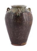 λ MIKE DODD (BRITISH B. 1943), A LARGE STONEWARE BROWN AND ASH GLAZED VASE WITH FOUR LUG HANDLES