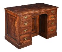 A LATE VICTORIAN FIGURED OAK PEDESTAL DESK