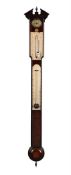 A FINE GEORGE III MAHOGANY BAYONET-TUBE MERCURY STICK BAROMETER WITH HYGROMETER AND THERMOMETER