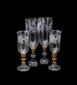 TWO PAIRS OF ETCHED, MOULDED, AND CUT GLASS TABLE LIGHTS IN REGENCY TASTE