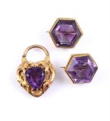 A VICTORIAN HEART SHAPED PADLOCK CLASP AND A PAIR OF AMETHYST BROOCHES