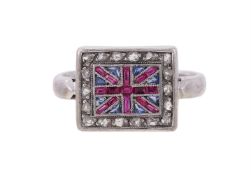 A DIAMOND SAPPHIRE AND RUBY UNION JACK DRESS RING