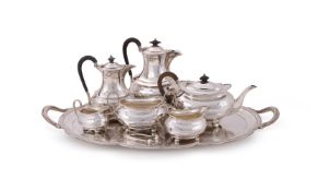 A CASED SILVER FIVE PIECE OBLONG BALUSTER TEA SET