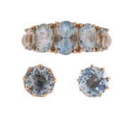 AN AQUAMARINE FIVE STONE RING AND A PAIR OF AQUAMARINE SINGLE STONE EAR STUDS