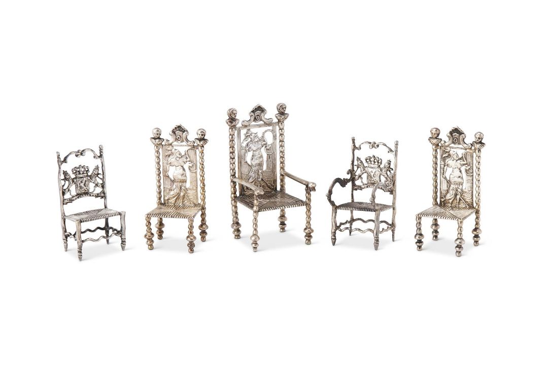 FIVE SILVER COLOURED MINIATURE CHAIRS - Image 1 of 5