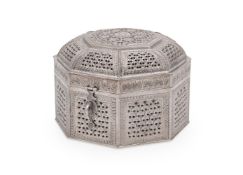 A SILVER COLOURED OCTAGONAL BOX