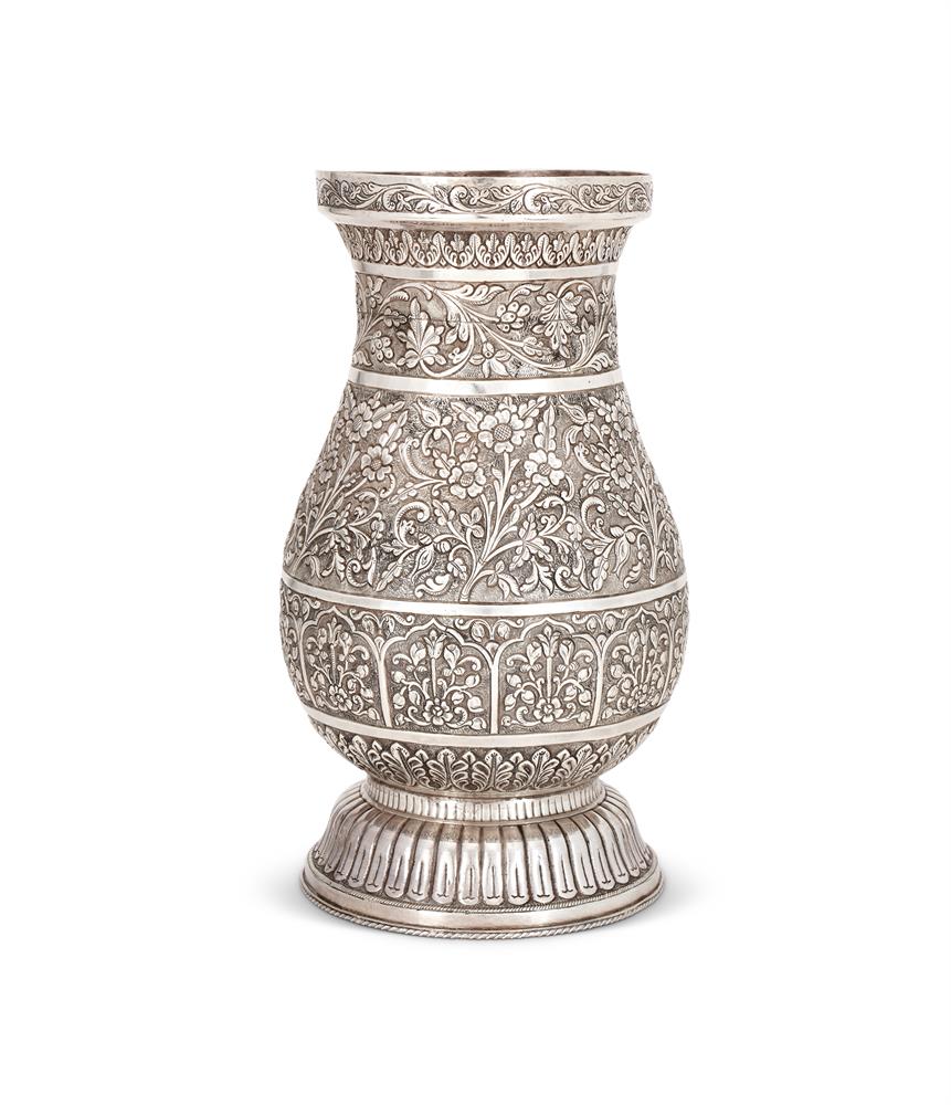 AN INDIAN SILVER LARGE BALUSTER VASE