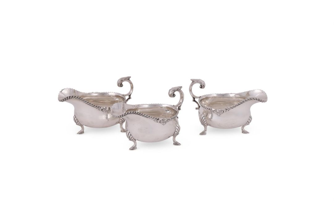 THREE SILVER SHAPED OVAL SAUCE BOATS - Image 1 of 4