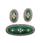 AN ENAMEL AND DIAMOND BROOCH AND EAR STUDS