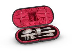 Y A CASED SILVER KNIFE, FORK, SPOON AND NAPKIN RING