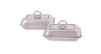 A PAIR OF SILVER ENTREE DISHES, COVERS AND HANDLES