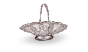 A VICTORIAN SILVER SHAPED OVAL SWING HANDLED PEDESTAL BASKET