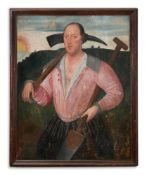 ENGLISH SCHOOL (EARLY 17TH CENTURY), PORTRAIT OF A MAN WITH A PICKAXE AND A SPADE IN A LANDSCAPE