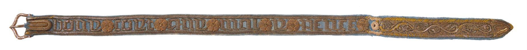 THE MOST NOBLE ORDER OF THE GARTER: A RARE SILVER GILT EMBROIDERED SILK GARTER, 18TH/19TH CENTURY