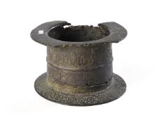 A KUFIC SCRIPT DECORATED COPPER ALLOY BARREL SHAPED MORTAR, PERSIAN 19TH CENTURY