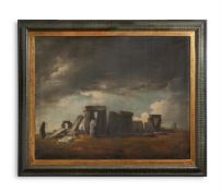 SAMUEL WOODFORDE (ENGLISH 1763-1817), STONEHENGE WITH A SHEPHERD AND FLOCK OF SHEEP IN THE DISTANCE