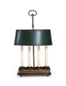 A LOUIS XVI STYLE BRASS AND TOLE FOUR LIGHT BOUILLOTTE LAMP, LATE 19TH CENTURY AND LATER