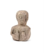 A WEATHERED CARVED STONE HALF LENGTH FIGURE OF A TOPER MAIDEN, PROBABLY 17TH CENTURY OR EARLIER