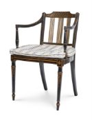 A GEORGE III EBONISED BEECH AND PARCEL GILT PAINTED OPEN ARMCHAIR, LATE 18TH CENTURY