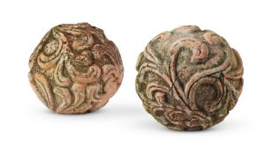 A PAIR OF TERRACOTTA BALL FINIALS, ITALIAN OR FRENCH, PROBABLY 19TH CENTURY