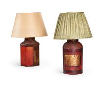 TWO SIMILAR TOLE PEINTE TEA CANISTER LAMPS, EARLY/MID 19TH CENTURY
