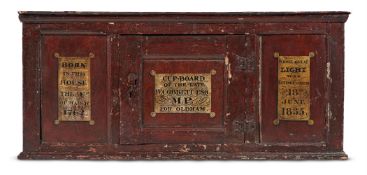 A RED PAINTED OAK JOINED WALL CUPBOARD EARLY 18TH CENTURY AND LATER