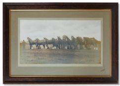 A SEPIA PHOTOGRAPH OF SHIRE HORSES, EARLY 20TH CENTURY