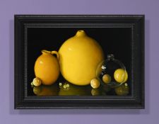 λ CARLOS LAHARRAGUE RODRIQUEZ-BAUZA (SPANISH 1936-2018), STILL LIFE OF YELLOW JUG, VASE AND GRAPES