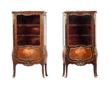 A PAIR OF FRENCH PARQUETRY, MARQUETRY, AND GILT METAL MOUNTED DISPLAY CABINETS