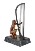BRUNO ZACH, AN ART DECO PATINATED BRONZE OF AN HARP PLAYER