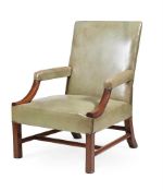 A GEORGE II WALNUT, MAHOGANY AND LEATHER UPHOLSTERED ARMCHAIR