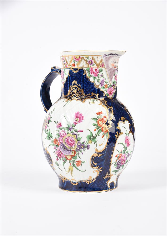 A WORCESTER POLYCHROME PORCELAIN BLUE-SCALE GROUND CABBAGE-LEAF MOULDED MASK JUG - Image 2 of 2