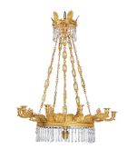 A NORTH EUROPEAN ORMOLU, CLEAR AND BLUE GLASS TEN LIGHT CHANDELIER, EARLY 19TH CENTURY