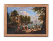 MATHYS SCHOEVAERDTS (FLEMISH 1665 - 1695)HARBOUR SCENE WITH FIGURES ON HORSEBACK