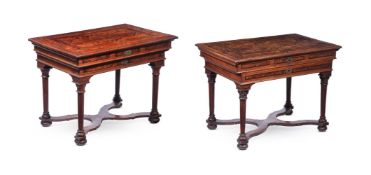 TWO SIMILAR ITALIAN BURR WALNUT, WALNUT AND EBONISED SIDE OR CENTRE TABLES, EARLY 18TH CENTURY