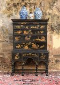 A WILLIAM & MARY BLACK LACQUER AND JAPANNED CHEST ON STAND, CIRCA 1690